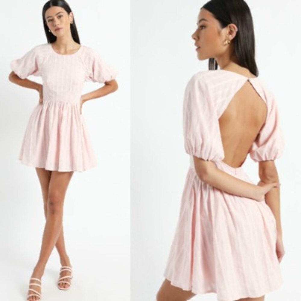 New Showpo Cherie Mini Dress Pink Open Back Puff Sleeves, Size 8